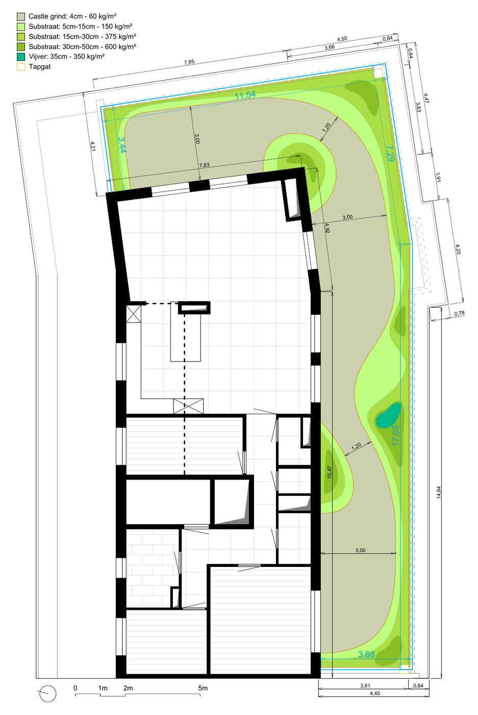 Uitgewerkt inrichtingsplan: substraatdiktes van 5 tot 50 cm (60 tot 600 kg/m²), grindpad en vijver